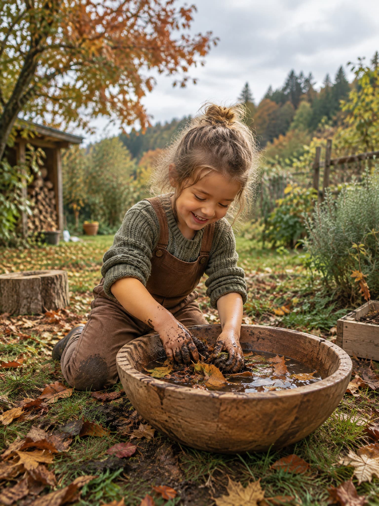 Kind matscht im Herbstgarten mit Wasser, Erde und Laub in einer Holzschüssel