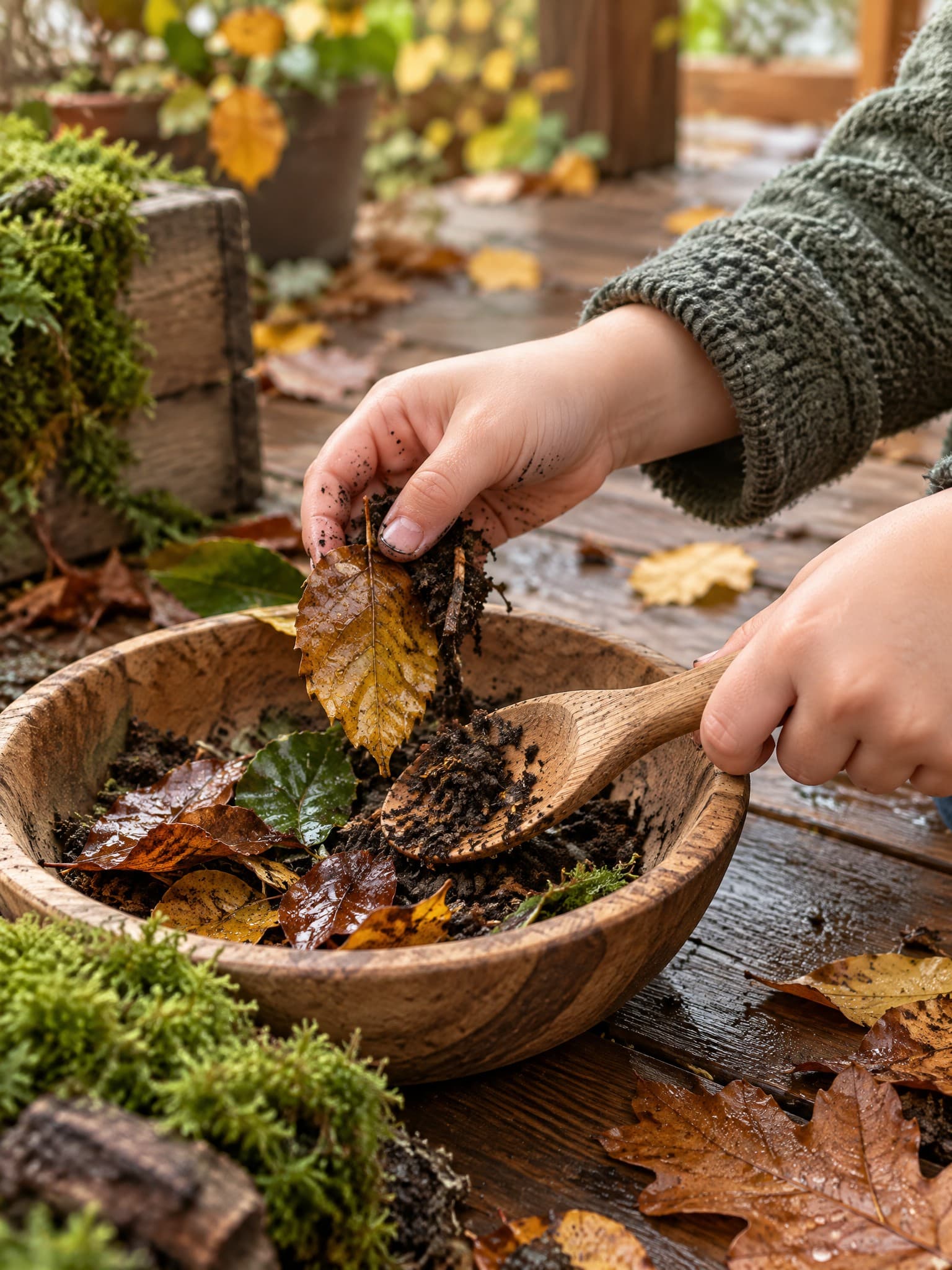 Kinderhände mit Erde, nassen Blättern und einem Holzlöffel auf einer Herbstterrasse