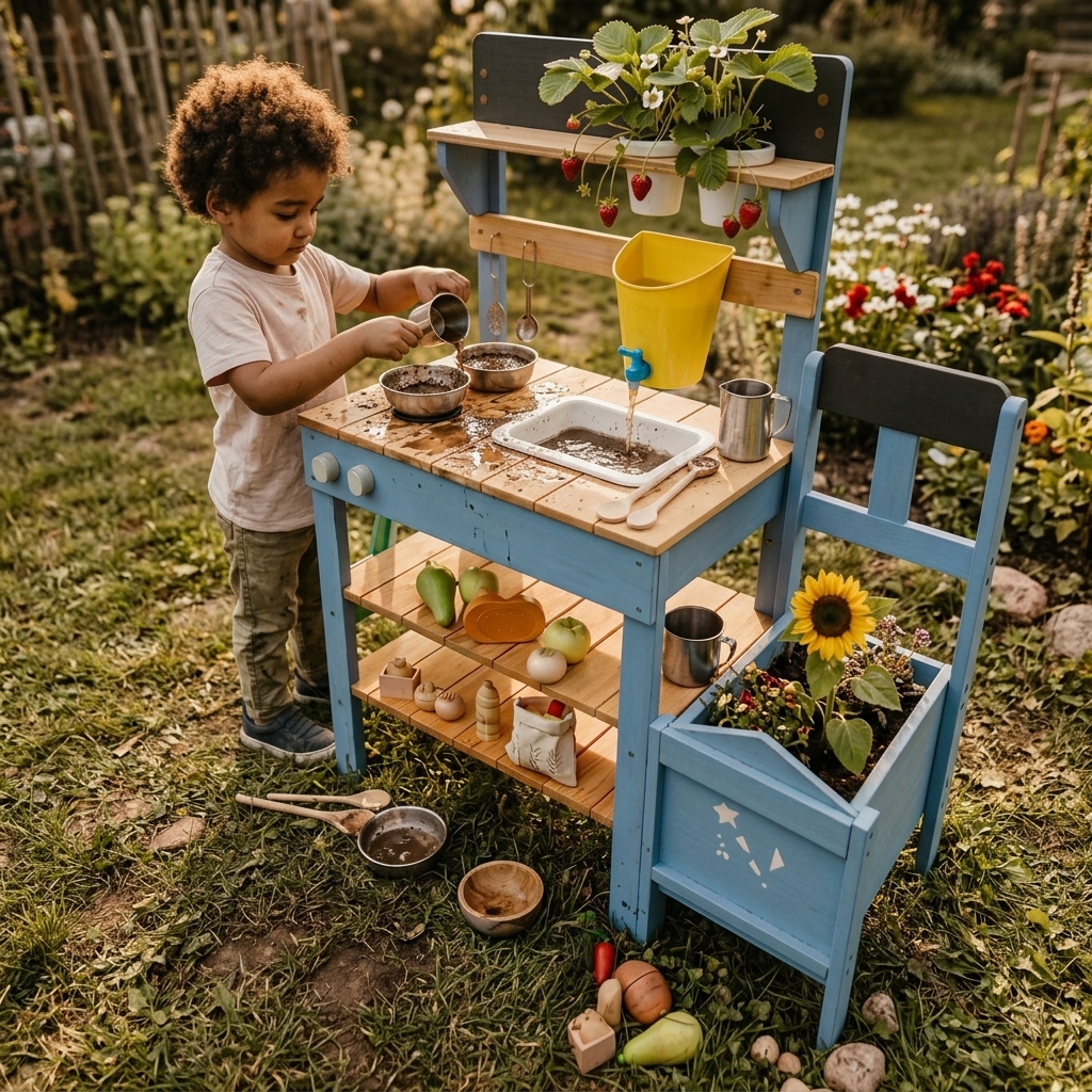Unsere Matschküche sollte nicht hübsch im Garten stehen. Sie sollte benutzt werden.