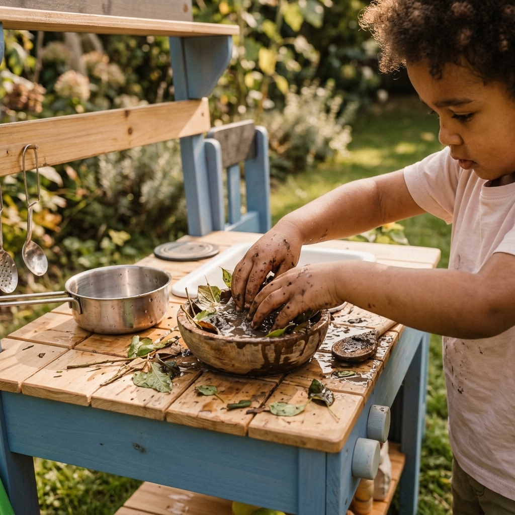 Kinderhände mischen Erde und Wasser an einer Matschküche