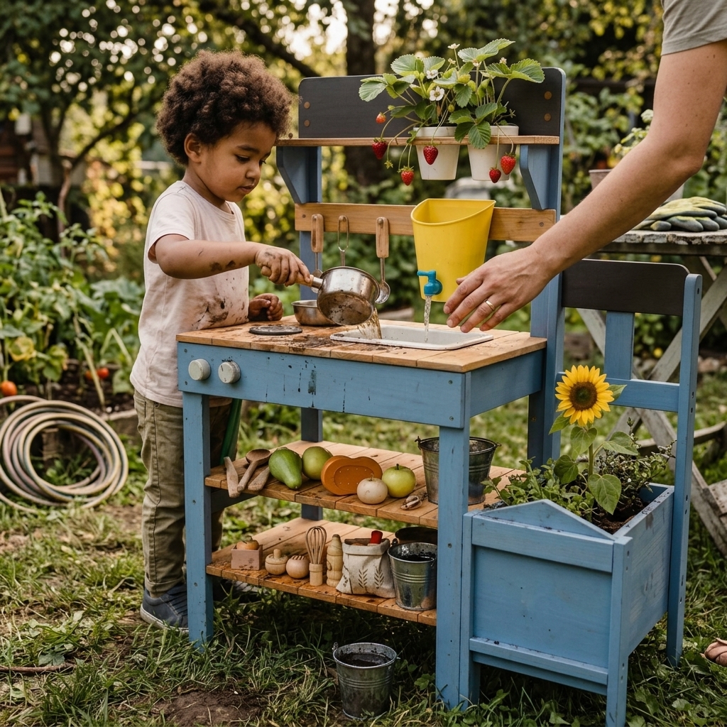 Kind spielt draußen an einer hölzernen Matschküche mit Wasser und Zubehör