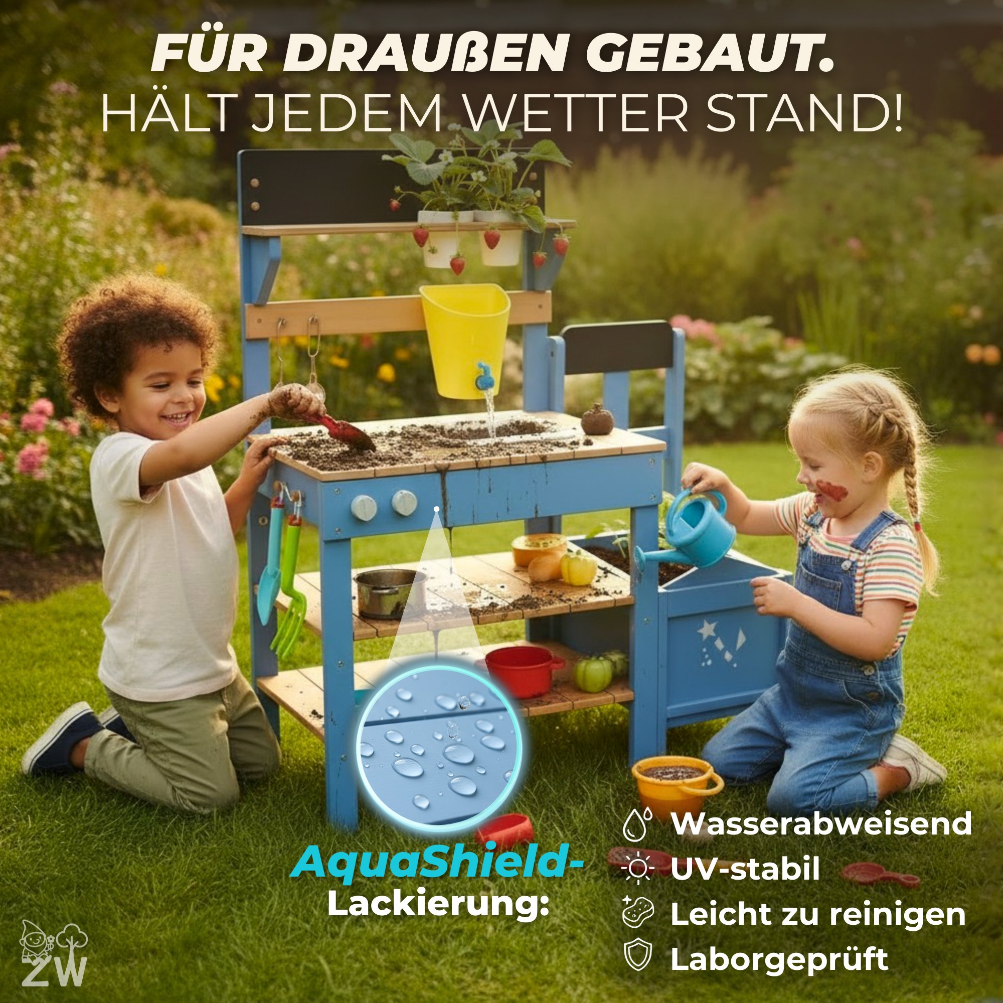 Kinder spielen mit der wetterfesten Matschküche im Regen