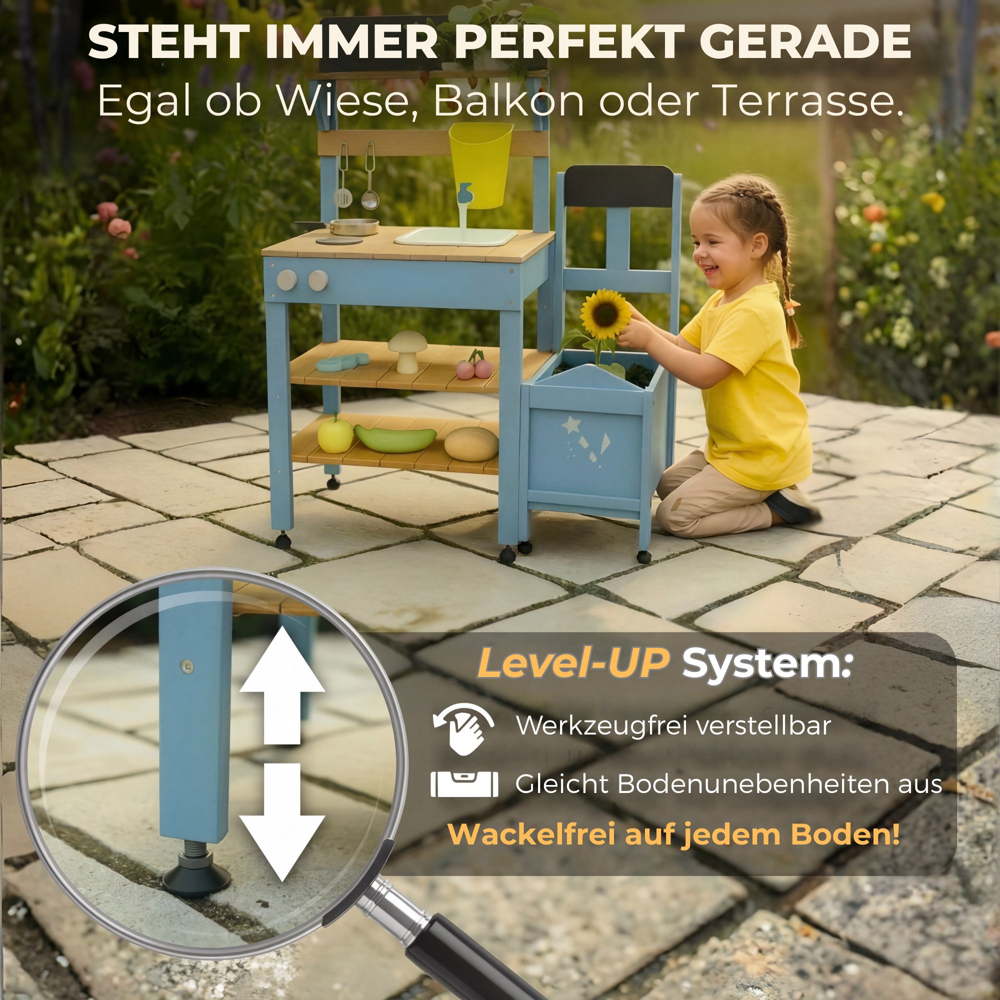 Level-UP Füße der Matschküche auf Terrassenboden