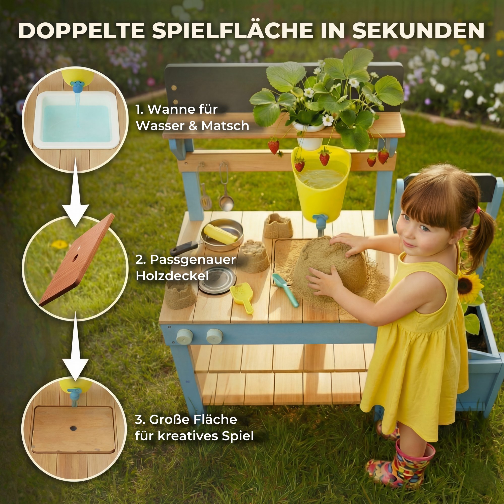 Doppelte Spielfläche der Matschküche mit Wanne und Holzdeckel
