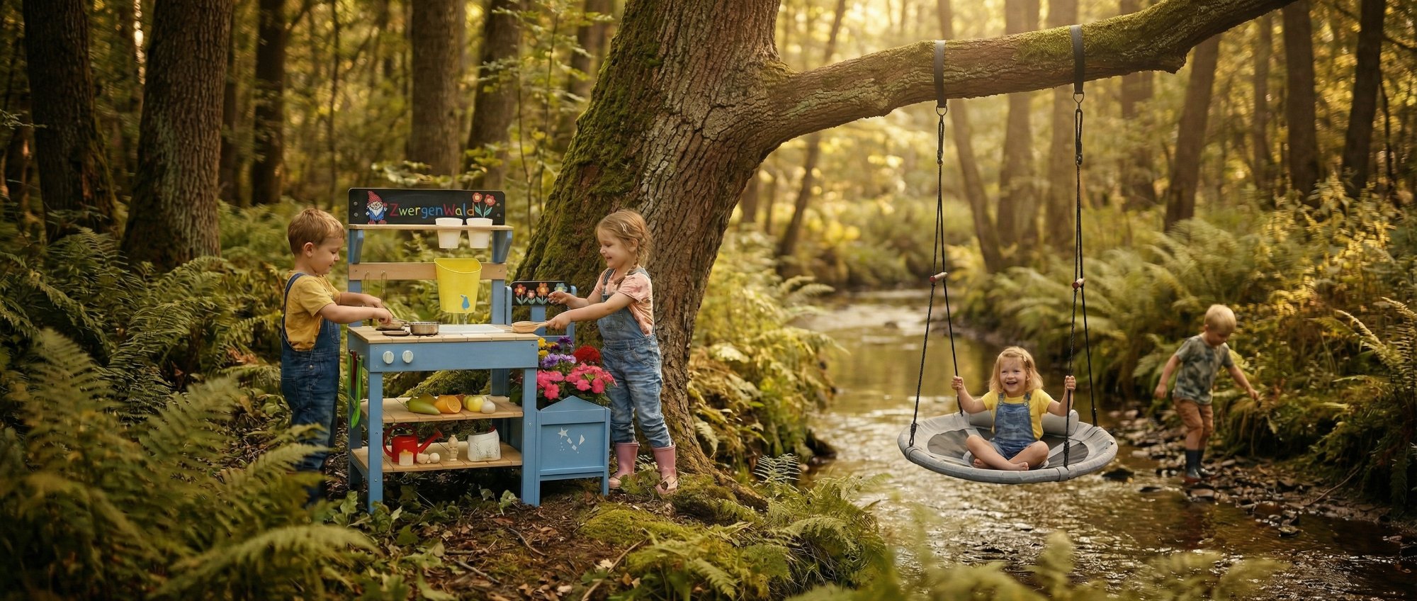 Kinder spielen mit Zwergenwald-Produkten im Wald